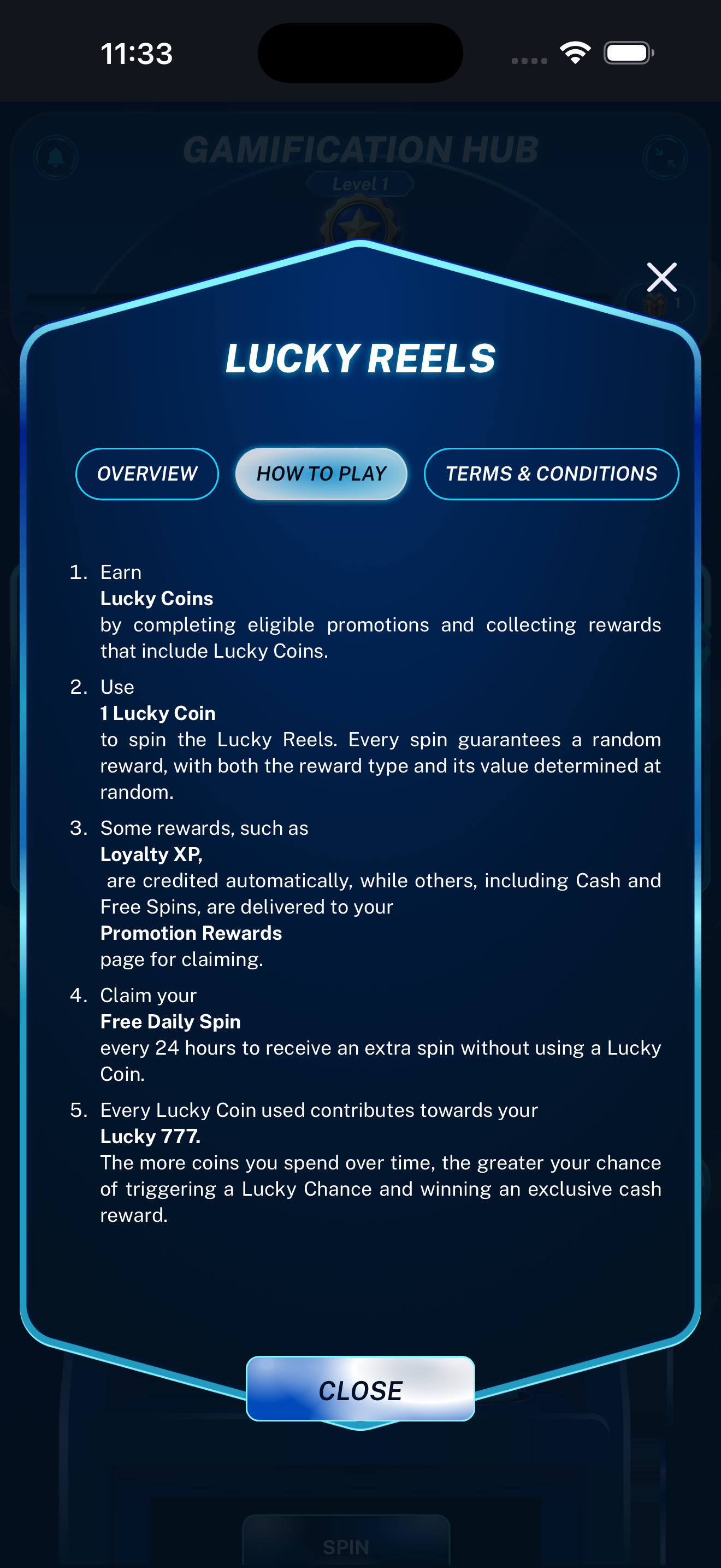 Lucky Reels How to Play tab displayed on a mobile phone